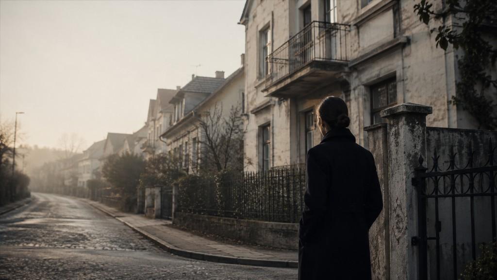 A professional seen from behind at a residential gate on a misty morning street, small against the place.