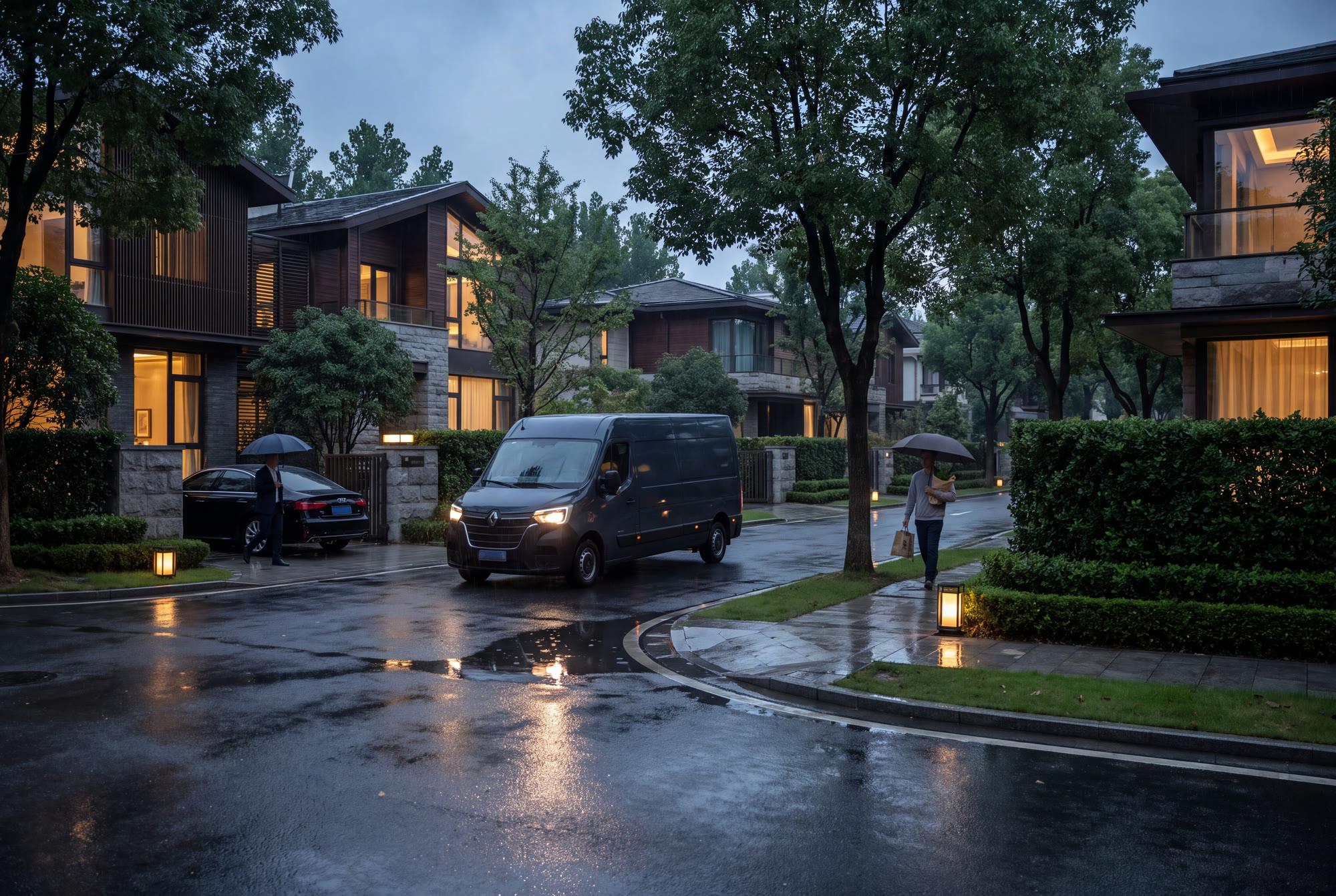 Premium residential street in wet weather, with vehicles, pedestrians and everyday access routes operating under changed conditions.