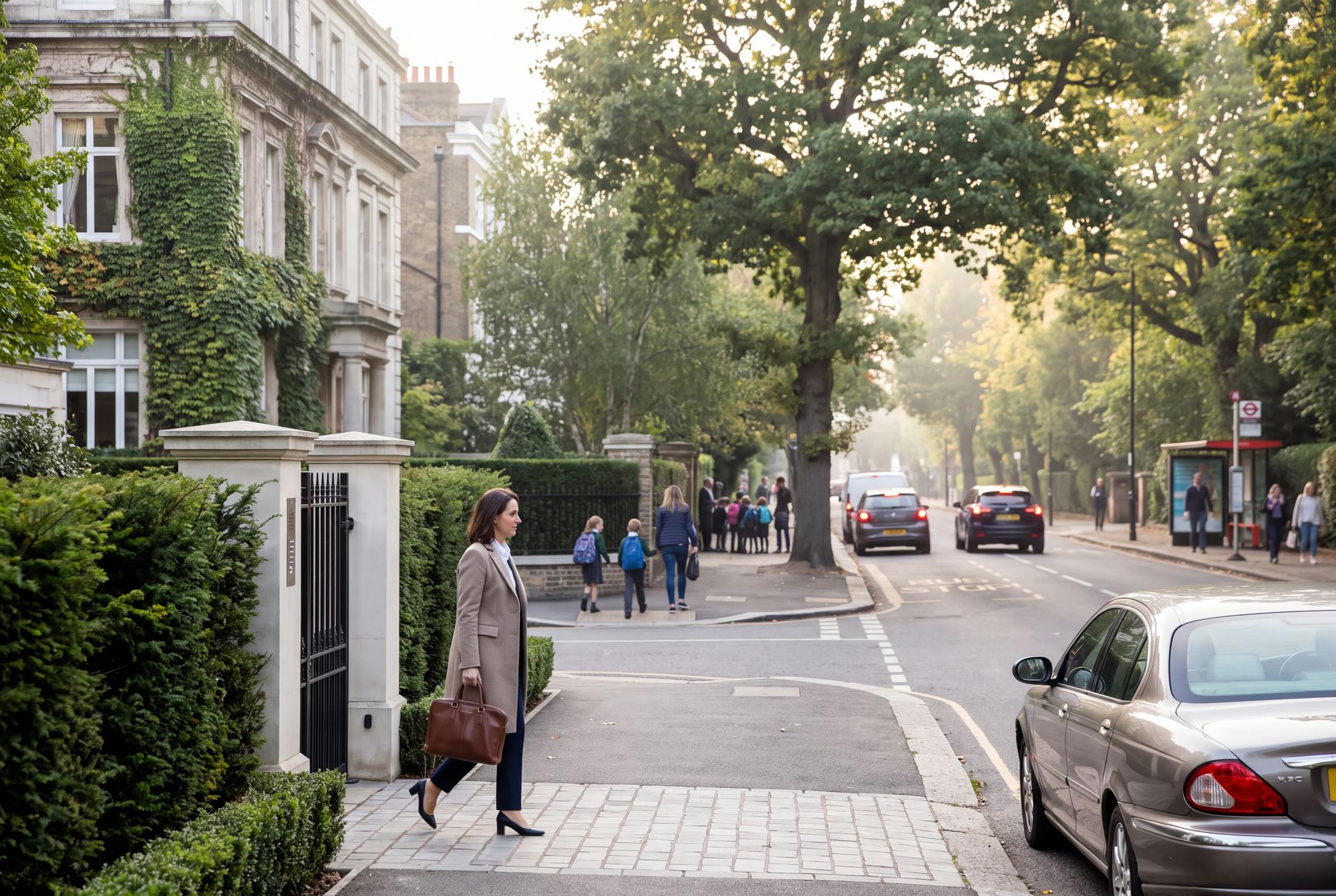 A residential street during the morning school run, with pedestrians, vehicles and public transport sharing the same route.