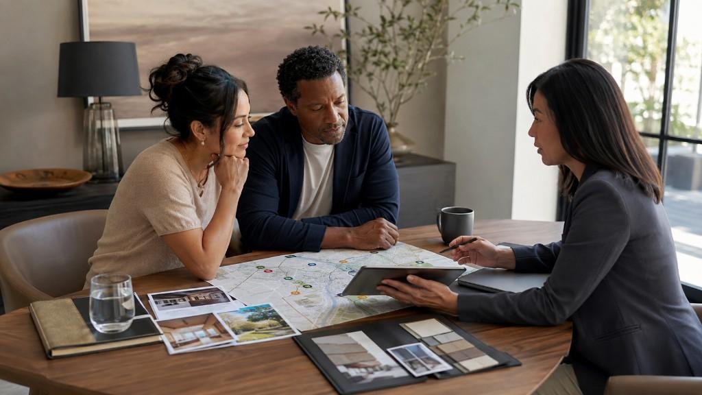 A consultant and relocating couple reviewing a neighbourhood map, property photographs and household plans at a table.