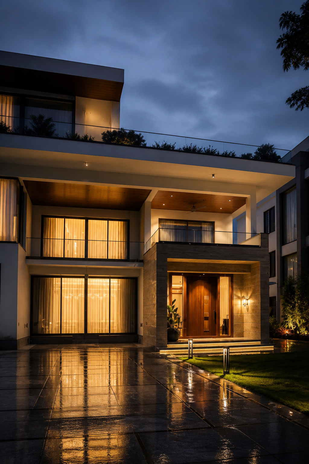 A contemporary residence at dusk, with a calm arrival path, warm interior light and private landscaping — property considered in its immediate setting.