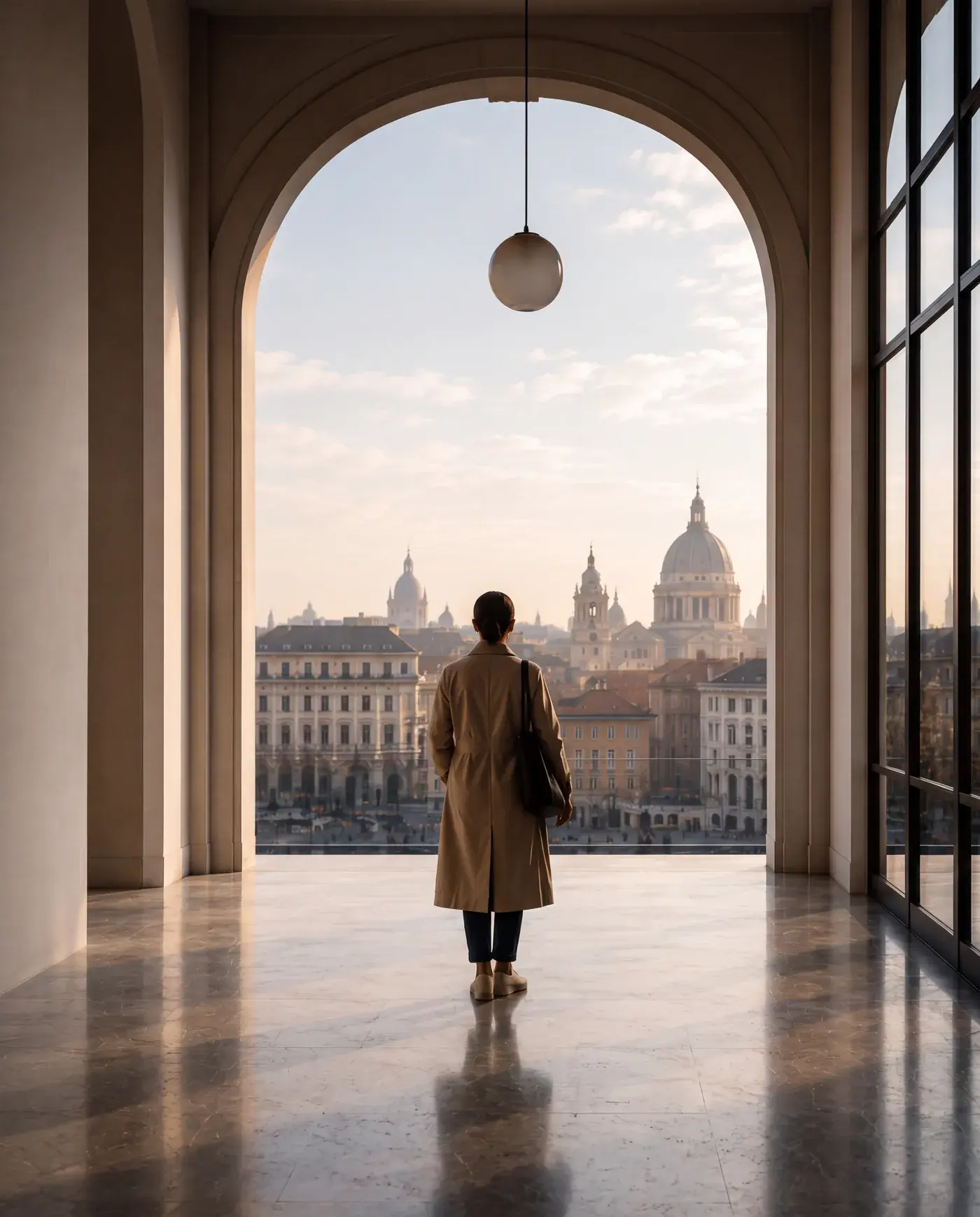 Person standing at an open doorway looking towards a city.