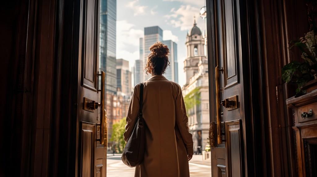 A person stepping through open doors toward a sunlit city beyond.