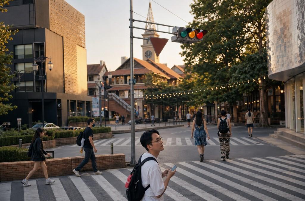 Pedestrian crossing in Nimman at golden hour with modern buildings, everyday movement and the One Nimman clock tower in the background.