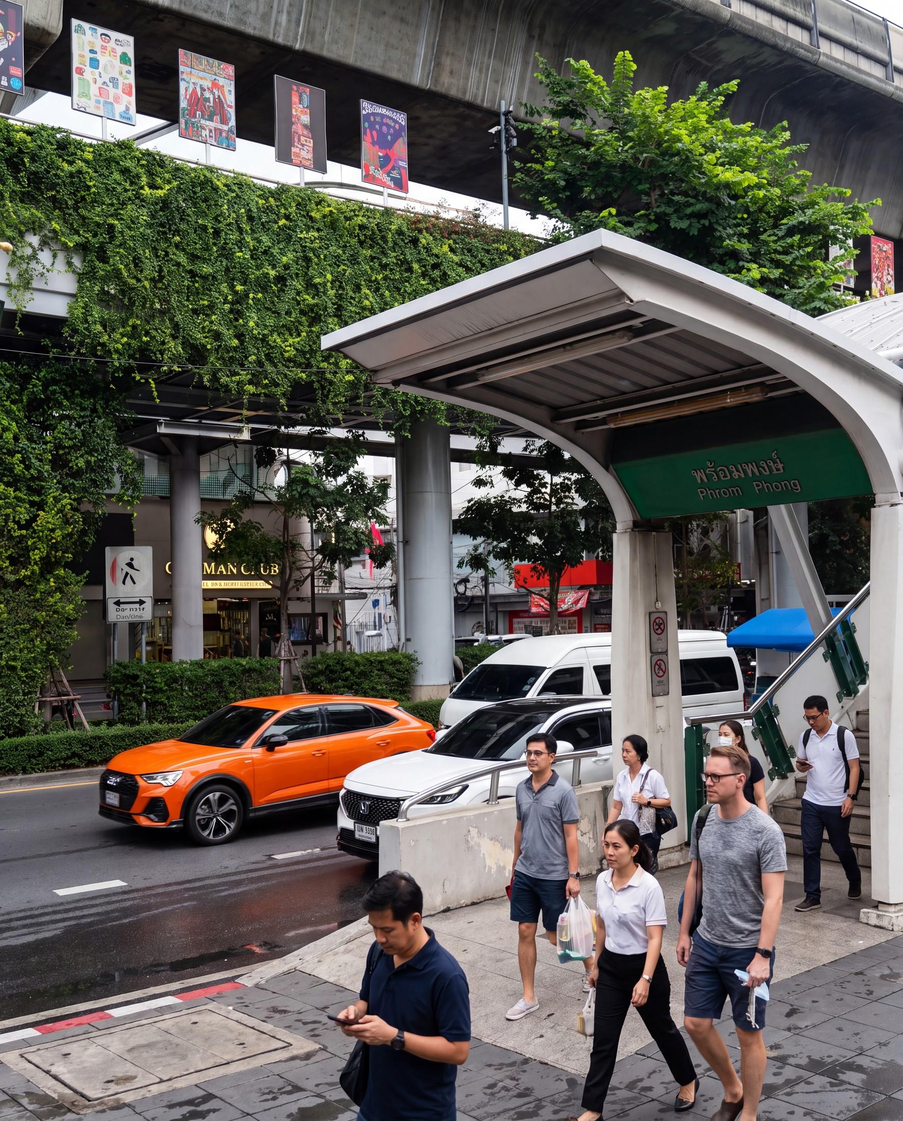 Lived-in Phrom Phong street scene showing the relationship between BTS/main-road access and a residential soi
