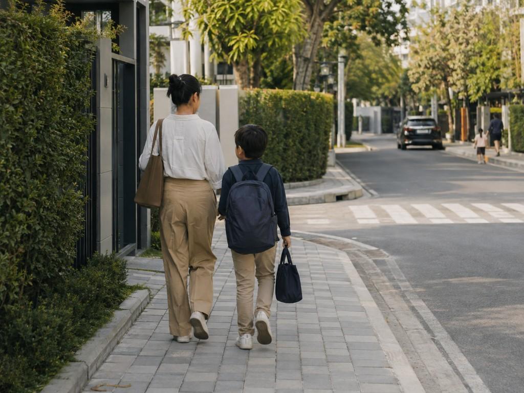 An adult and child walking a quiet residential street together.
